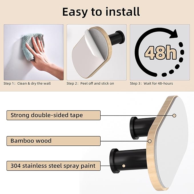 Kayqi 304 Stainless Steel Medium-Sized Minimalist Multifunctional Hooks, self-Adhesive (Set of 3) (Black)