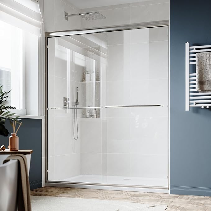 SUNNY SHOWER Double Sliding Glass Door 48" W x 72" H Shower Door 1/4" Tempered Glass Sliding Door Semi-Frameless Shower Glass Enclosure Bypass Walk in Shower Cabin, Brushed Nickel
