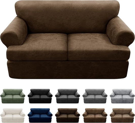 3-Pieces T Cushion Loveseat Slipcovers Leather Look Couch Cover Loveseat Covers for 2 Cushion Couch Furniture Protector Stretch Sofa Cover with 2 Individual T Cushion Seat Covers, Dark Brown