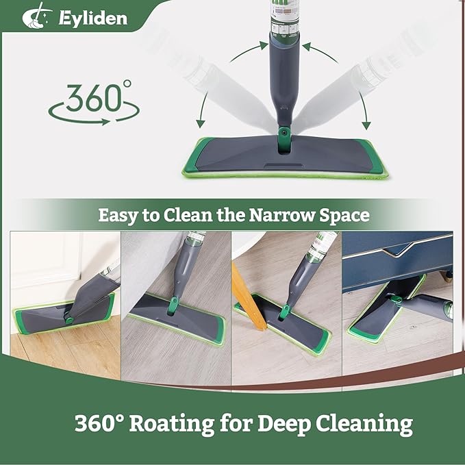Eyliden Spray Mop with Cleaner Solution | 40ml Bio-Enzyme Floor Cleaner Concentrate - pH Neutral, 2 Microfiber Pads, Long-Lasting Freshness, Effective All-in-One Wet Mops Safe for All Floor Cleaing