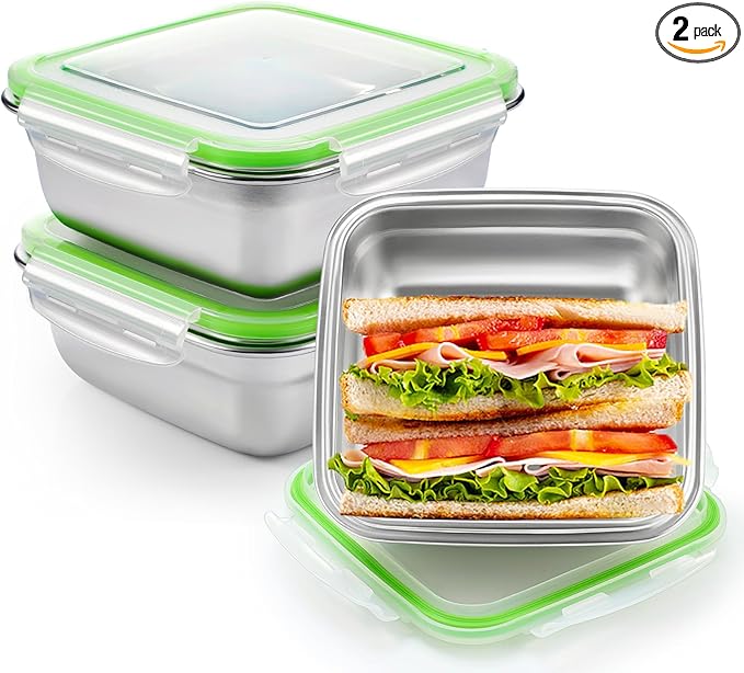 2 Pack Stainless Steel Sandwich Containers with Lids 25. 4 oz Metal Food Container for Lunch Boxes with Airtight Silicone Seal for Sandwiches and Snacks