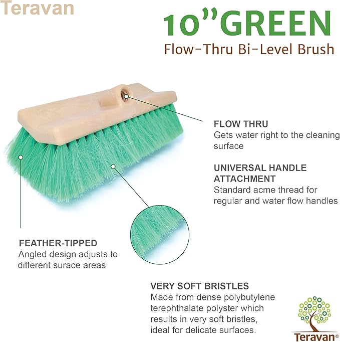Teravan 10" Flow-Thru Bi-Level Wide Soft Bristle Scrub Brush-Car wash Brush-Suitable for Truck, RV, Van, Window, Deck, Solar Panel, and Patio Cleaning-Green