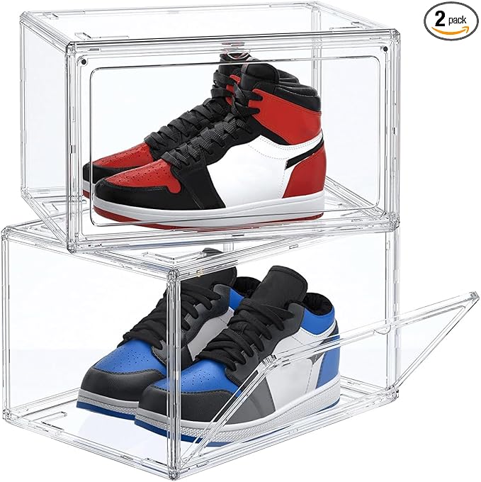 HIYOHIYO 2-Pack Acrylic Clear Stackable Shoe Boxes, 360 Clear Acrylic Display Shoes Boxes, Fully Transparent Display Box with Magnetic Door, Clear Shoe Storage Boxes Stackable, Size 14