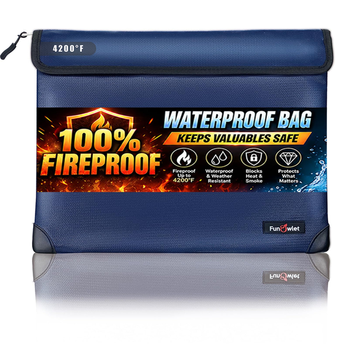Fireproof Waterproof Money Document Bag, 13.9"x10.6", Blue - Image 1