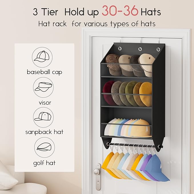Over the Door Hat Rack - 3-Layer Design Hat Organizer Holds 30-36 Hats with 10 Hooks, Ideal Hat Rack for Door, Over the Door Organizer for Closet, Apartment, Bedroom, Dorm, 1 Pack, Grey