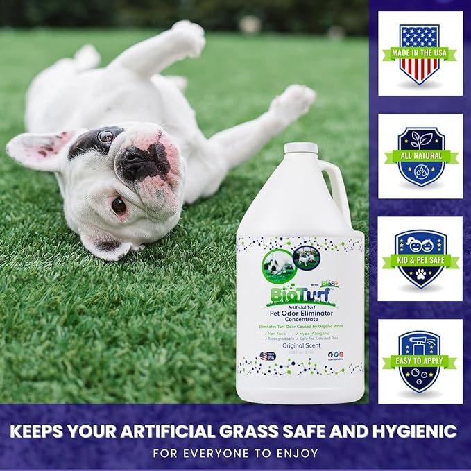 BioTurf BioS+ Odor Eliminator Concentrate Kit – Artificial Turf Cleaner for Dog Urine & Feces – Outdoor Yard Deodorizer Enzyme – Includes 1 Gallon, 32oz Spray Bottle & Hose Attachment