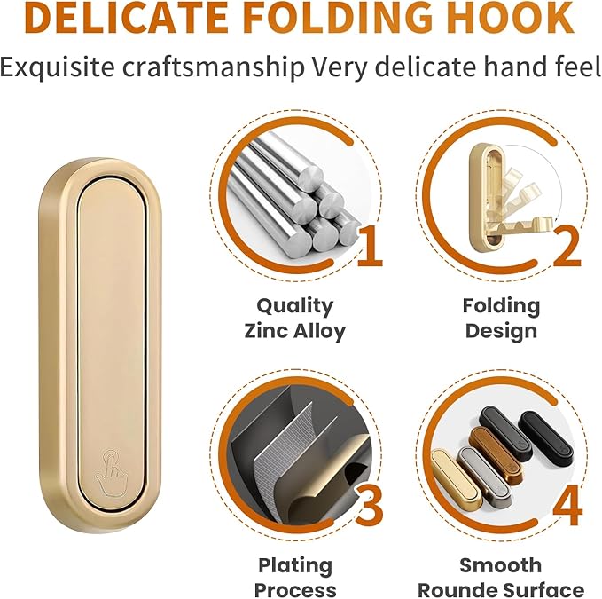 Foldable Hooks Wall Mount, Folding Coat Hooks Wall Mounted - Retractable Space Saving Organizer for Bathroom, Kitchen, Bedroom & Closet - Holds Scarf, Hat, Robe, Key, Purse, Bag (4, Gold)