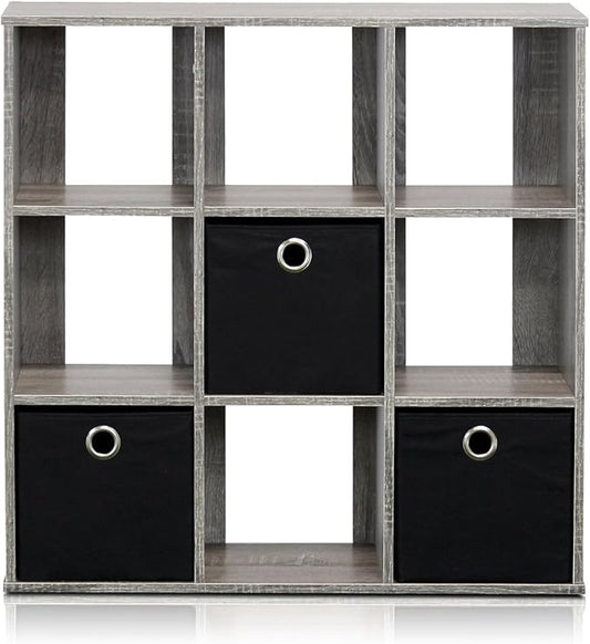 Furinno Simplistic 9-Cube Organizer with Bins, Small Size (Assembled unit dimensions : 7.9"D x 26.5"W x 26.7"H inches), French Oak/Black