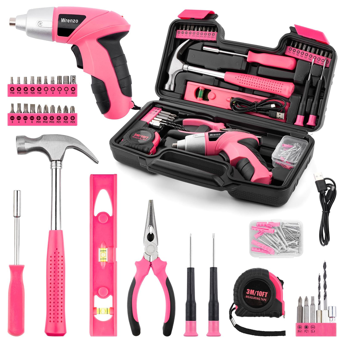112PCS Pink Drill Set, 3.6V USB Cordless Drill & Home Tool Kit - Image 1