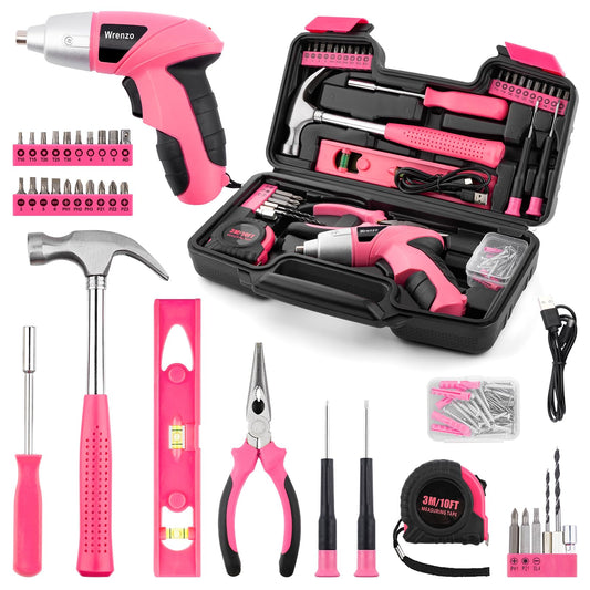 112PCS Pink Drill Set, 3.6V USB Cordless Drill & Home Tool Kit - Image 1