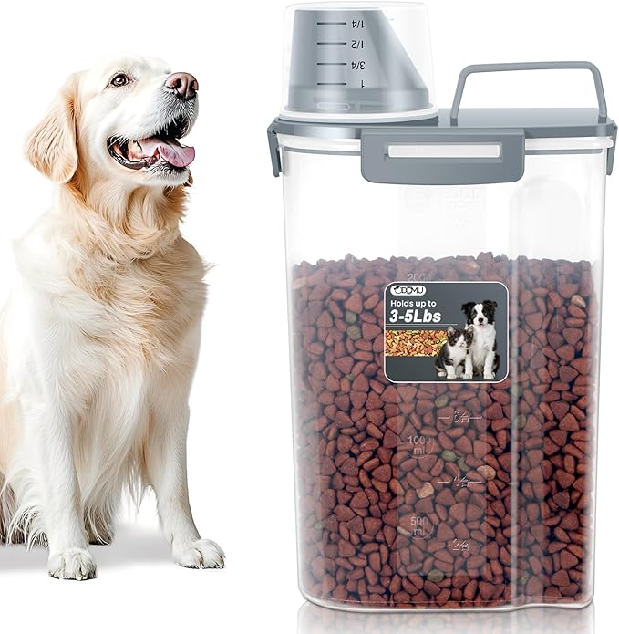 3-5LBS Upgraded Large Nozzle Cat Dog Food Storage Container BPA-free, Airtight Pet Food Storage Bin with 4 Lock Buckles, Sealing Gasket, Cup for Pet Food, Dog Treats, Rice, Flour, Dry- Grey Blue