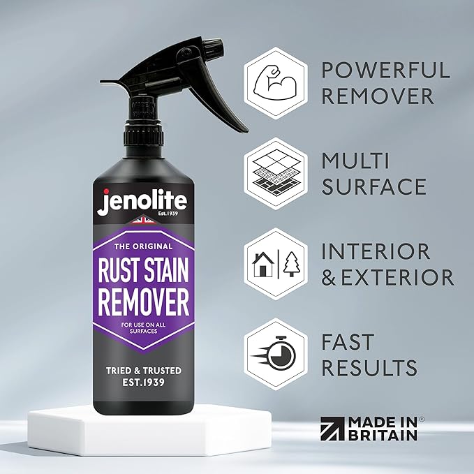 JENOLITE Rust Stain Remover 500 ml (16.9 fl oz) for Patios, Sinks, Toilets, Walls & Sidings. Fast-Acting Spray-On Cleaner & Wipe-Off Solution for Metal, Concrete & Tile. Made in Britain.