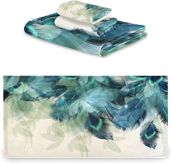 Bath Towels Set,Soft Absorbent Watercolor Peacock Feather Teal Turquoise Floral Green Leaf Print 3 Piece Bathroom Towels,1 Bath Towel,1 Hand Towel,1 Washcloth,Decorative Towels for Spa,Gym