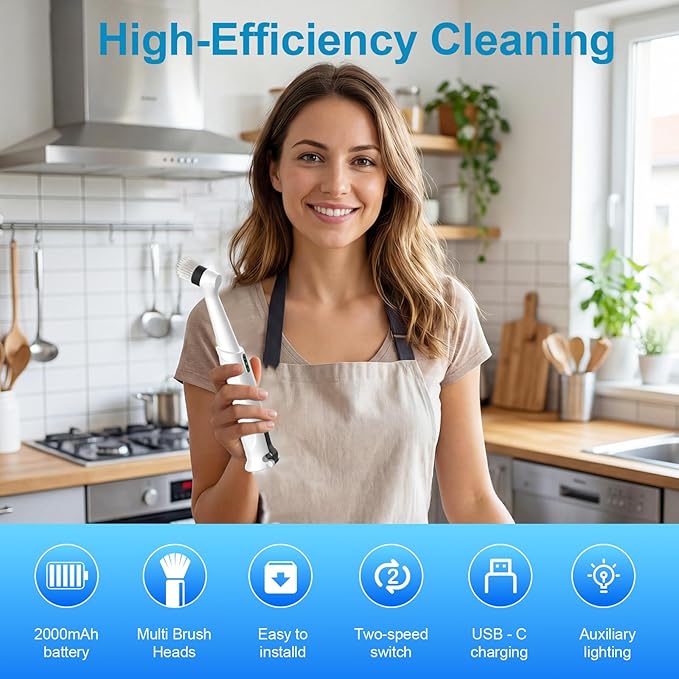 Electric Spin Scrubber-Waterproof Rechargeable with LED Light,5 Multi-Purpose Brush Heads for Deep Cleaning Grout, Tile, Bathroom, Kitchen, Sink, Shower, Tub, Corners & Tight Spaces