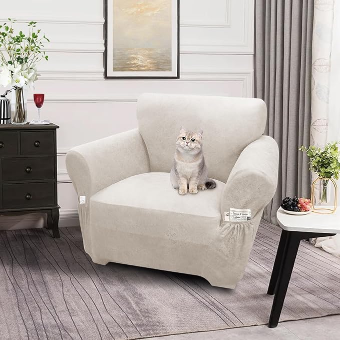 Single Sofa Cover Leather Look Chair Covers for Living Room 1-Piece Sofa Chair Covers with Arms Stretch Furniture Protector with Elastic Bottom & Pockets(Armchair, Beige)