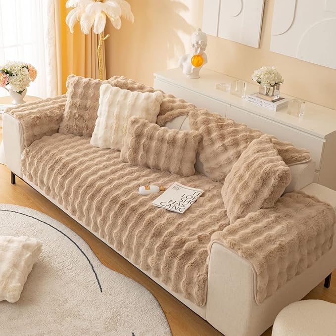 Soft Warm Faux Fur Couch Sofa Cover Thick Shaggy Fuzzy Sectional Couch Cover Non-Slip Solid Color Plush Sofa Slipcover Furniture Protector for Kids, Pets (Coffee,36"x70")