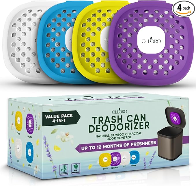 Trash Can Deodorizer & Odor Eliminator – Activated Charcoal Stick-On Odor Absorber for Garbage Cans, Diaper Pails & Closets – 4 Scents Variety Pack = Up to 12 Months Freshness