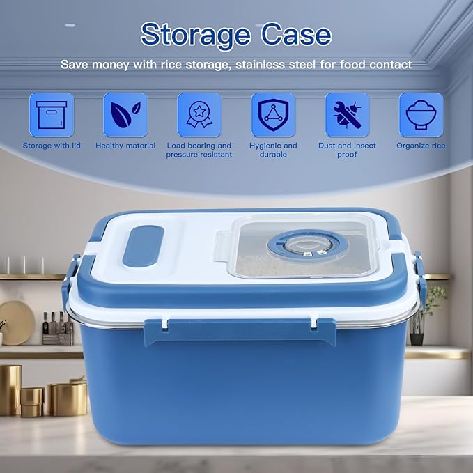 PENCK 20lbs Rice Storage Container Stainless Steel, 10L Airtight Flour Cereal Dispenser with Measuring Cup Portable Food Storage Box for Kitchen Pantry Countertop Blue