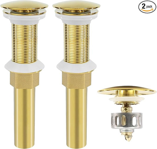 Bathroom Sink Drain, 2 Pack Gold Drain Stopper Without Overflow,Pop Up Drain Assembly Without Detachable Strainer Basket,Built-in Anti-Clogging Strainer,Stainless Steel