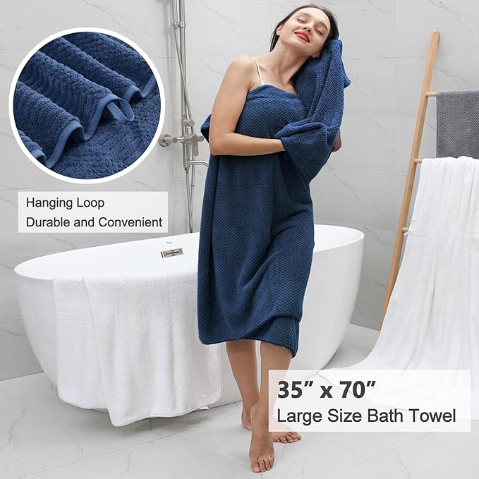 Oliven 8 Pcs Navy Oversized Bath Sheet Set-2 Large Bath Towel Sheets,2 Hand Towels,4 Washcloths 600GSM Soft Highly Absorbent Quick Dry Beach Chair Towels Woven Towel for Bathroom Hotel and Spa
