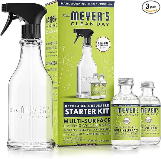 MRS. MEYER'S CLEAN DAY Multi-Surface Cleaner Dispenser and Concentrate Starter Kit, 1 Glass Dispenser (16 Fl. Oz.) and 2 Concentrated Refills (2 Fl. Oz. each), Lemon Verbena, Makes 32 Fl. Oz. Total
