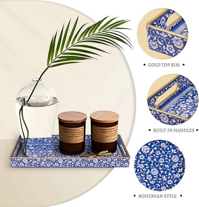 MAONAME Blue Vanity Tray, Bathroom Counter Tray, Plastic Decorative Trays with Handles, Storage Dresser Trays Organizer for Toilet Tank, Jewelry, Makeup, 13.8" x 6" x 1.57"