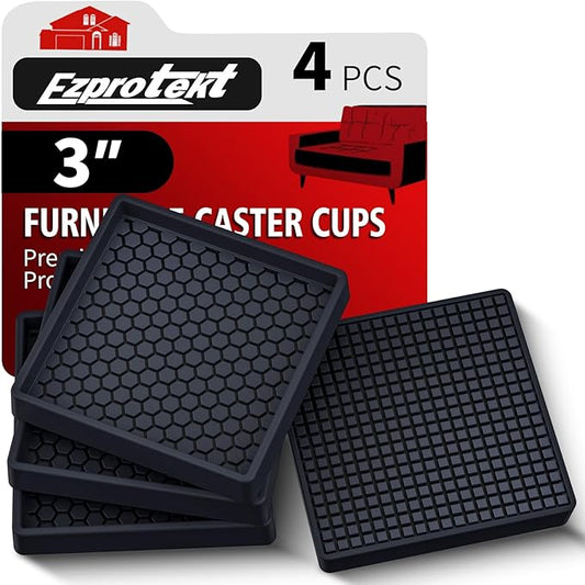 Ezprotekt Non Slip Furniture Pads, 4 Pcs 3" Anti Skid Rubber Furniture Caster Cups, Anti-Slip Furniture Coasters for Hardwood Floors, Anti Slide Floor Protectors for Bed Couch Stoppers (Black)