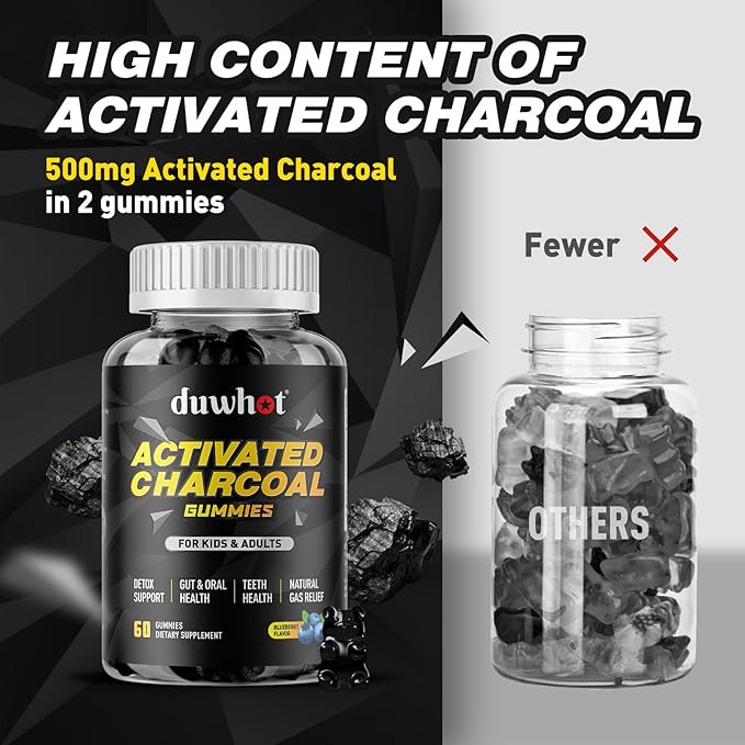Activated Charcoal Gummies for Kids, 500mg Chewable Activated Charcoal Supplement for Gas Relief, Detox, Digestive and Oral Health, Vegan Blueberry Flavor, 60 Count