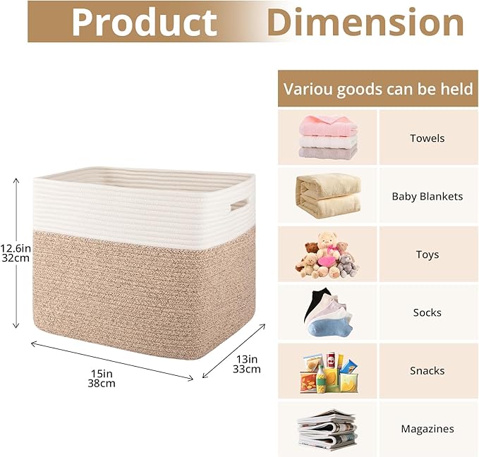 OIAHOMY 13 Kallax Inch Cube Storage Bins, 3-Pack Cotton Rope Woven Baskets for Organizing, Kallax Insert Storage Baskets for Shelves, Baby Nursery, Closet Organizer, 15 * 13 * 12.6IN, Brown & White