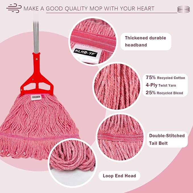 Commercial Cotton Mop Heavy-Duty Industrial with 2 Replacement Heads 152 cm Handle Replacement mop Head (Pink)