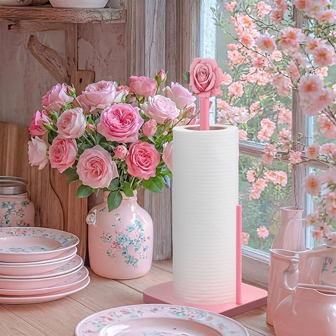 Leinuosen Pink Rose Paper Towel Holder Coquettish Cute Rose Wooden Paper Towel Holder Pink Bathroom Countertop Accessories Kitchen Roll Stand Organizer Standing Apartment Decor Housewarming Gift