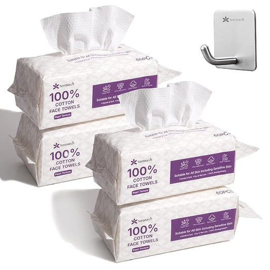 100% Cotton Disposable Face Towels 240 Count, Soft Cotton Tissue for Sensitive Skin, Makeup Remover Dry Wipes, Lint Free Facial Cleansing Cloths for Baby & Adult, Hanging Bag