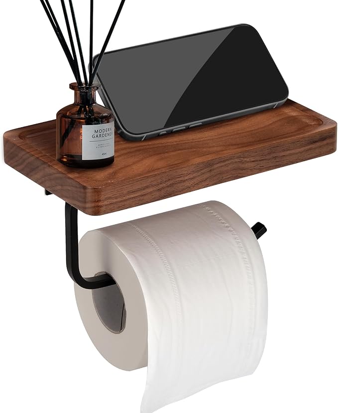 Toilet Paper Holder with Walnut Wood Shelf - Wall Mount & Self-Adhesive Bathroom Tissue Holder, Black Stainless Steel with Walnut Shelf for Phone - Home Apartment Restroom Decor Essentials