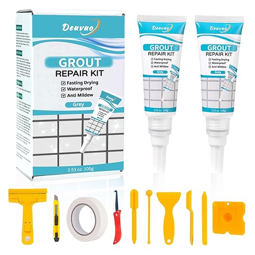 Deuvuo Gray Grout Repair Kit,12 Pcs Gray Caulk Grout Filler for Tile Floor, Grey Grout Paint Pen Tube for Shower Bathroom Kitchen, Fast Drying and Odorless, Restore and Renew Grout Line