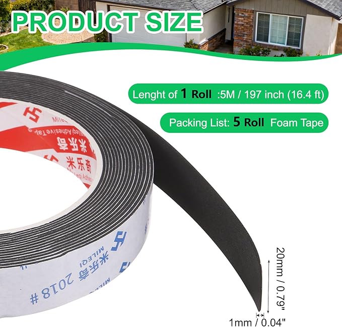PATIKIL 5Roll Sponge Rubber Foam Tape, 25/32" W x 1/32" t x 16.4ft l Self-Adhesive Foam Insulation Tape Weather Stripping for Window Door Soundproofing Weatherstrip AC Seal Strip, Black