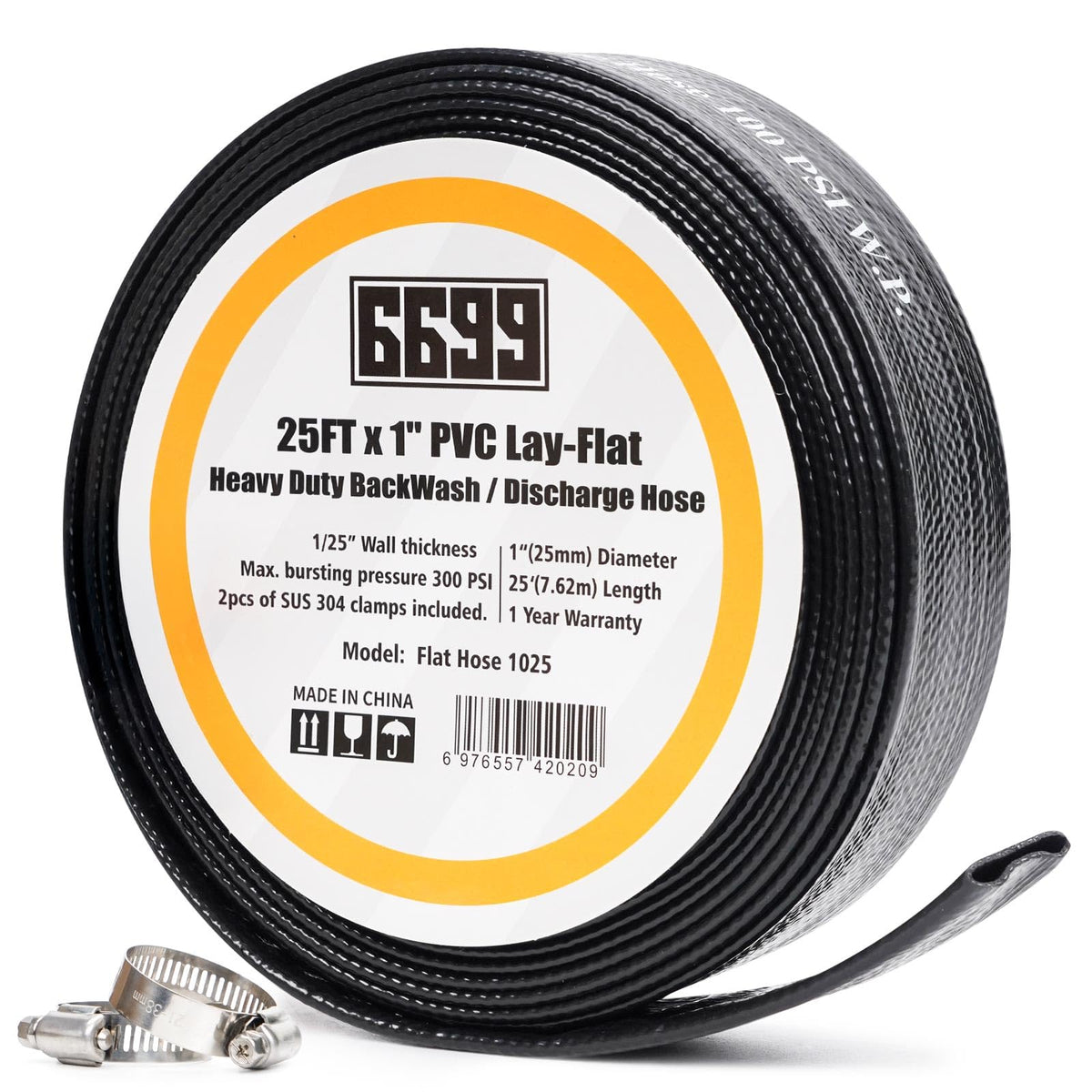 Discharge Hose 1-Inch by 25-foot Sump Pump Hose with 2pcs SUS 304 - Image 1