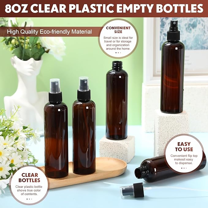 Eccliy 64 Pcs 8 oz Spray Bottles Fine Mist Cleaning Bottles Clear Empty Plastic Travel Sprayer Refillable Sprayer with Cap for Cleaning Solutions Oils Travel Perfumes(Brown)