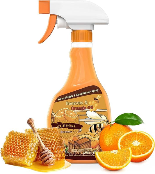 Beeswax Spray Wood Polish Furniture Conditioner & Cleaner – Beeswax and Orange Oil Wood Restorer, Natural Shine Furniture Care Wax for Floors, Cabinets & Tables, 15 Fl Oz