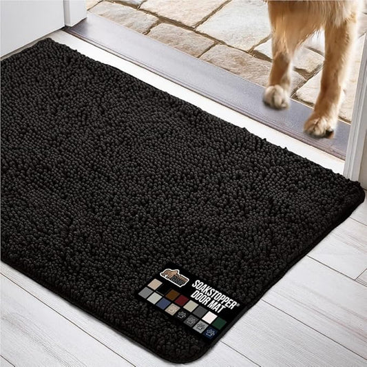 GORILLA GRIP SoakSTOPPER Dog Door Mat, Machine Washable Rug Absorbent Doormat Captures Moisture Mud Dirt, Quick Dry Soft Chenille Entryway Rugs Indoor Entrance Mats for Dog Paws, 24x16 Black