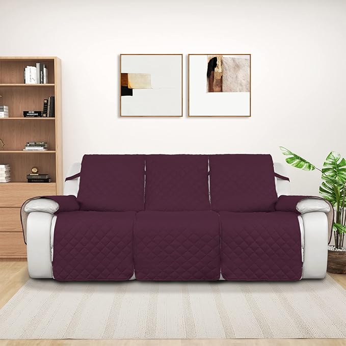 PureFit Water Resistant Reversible Sofa Covers for Reclining Sofa 3 Seat - Non Slip Split Recliner Couch Cover for 3 Cushion Couch, Washable Furniture Protector for Kids, Dogs (3 Seat, Wine/Beige)