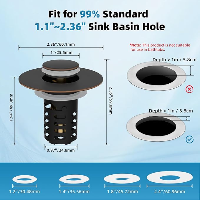 Upgraded Bathroom Sink Drain Strainer Hair Catcher 2PCS Universal 3 in 1 Pop-up Sink Stopper, Fit for 1.1''~2.36'' Basin Hole, with Detachable Stainless Steel Filter Basket, Oil Rubbed Bronze