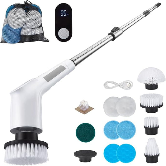 Fixm Cordless Electric Spin Scrubber, Powerful 2-Speed Shower & Bathroom Cleaner with LED Display, Adjustable Handle & 11 Brush Heads, Lightweight, Rechargeable & Perfect for Tough Grime