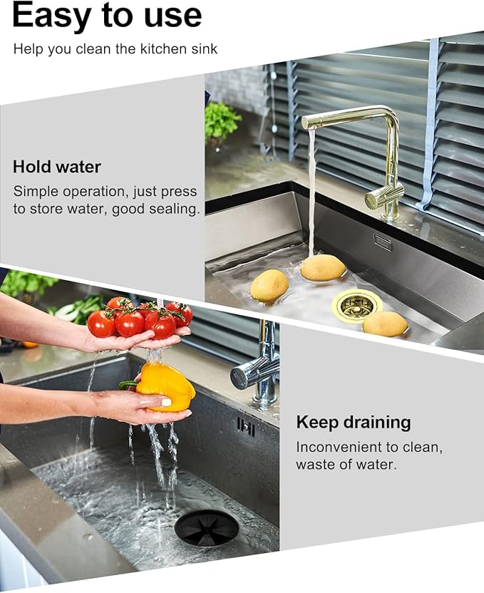 BOTEMY Extended Garbage Disposal Flange Basket Strainer Stopper, Deep 304 Stainless Steel Kitchen Sink Flange Stopper for 3-1/2 Inch Standard Sink Drain Hole, Bright Gold Deep Sink Disposal Strainer