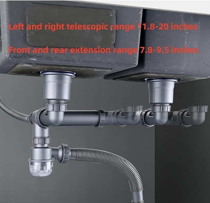 Double Sink Drain Kit Space Saving Kitchen Sink Drain Kit Expandable Flexible 1 1/2" P-Trap Pipe 3-1/2 Inch Sink Drain Assembly Kit with 4-Way Fitting Adapter for Dishwasher