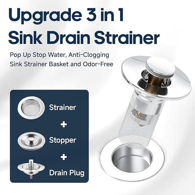 Pop Up Sink Drain Strainer, Bathroom Sink Drain Stopper with Removable Stainless Steel Drain Hair Catcher Basket, Universal Bathroom Sink Stopper Replacement, Drain Plug Filter (4PCS)