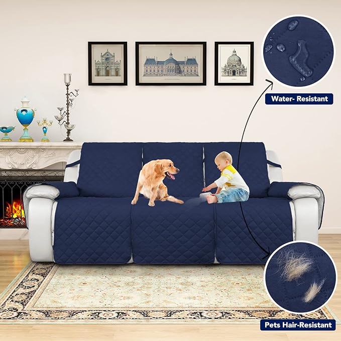 PureFit Water Resistant Reversible Sofa Covers for Reclining Sofa 3 Seat - Non Slip Split Recliner Couch Cover for 3 Cushion Couch, Washable Furniture Protector for Kids, Dogs (3 Seat, Navy/Ivory)