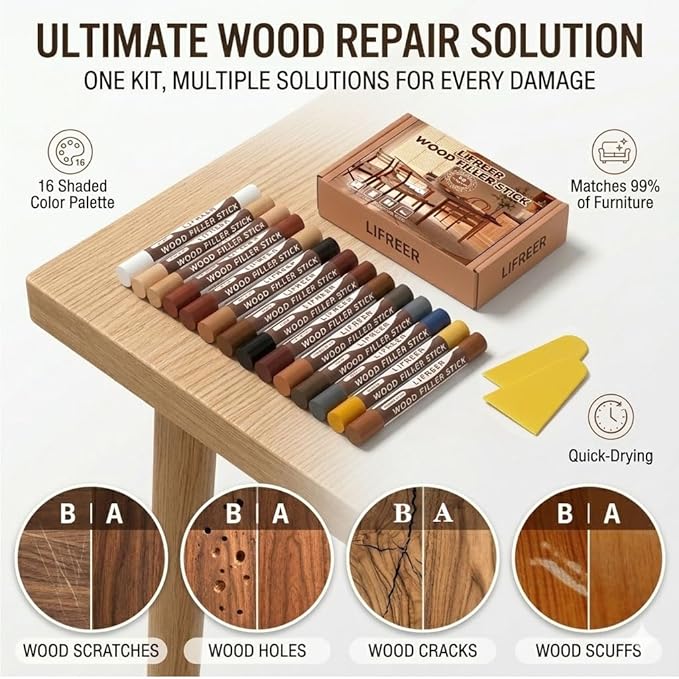 Lifreer Wood Filler Sticks,16 Colors Wood Crayons for Scratches, Scuffs, Cracks, Stains and Holes, Furniture Wax Crayons Pen for Touch Up Furniture, Floors, Cabinets, Tables, and Doors