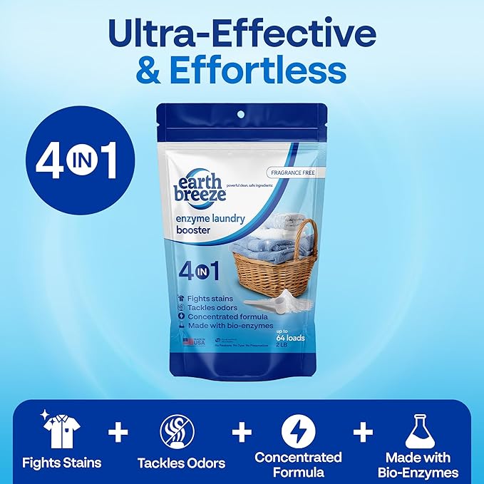 Earth Breeze Enzyme Laundry Booster Powder – 2lbs (64 Loads) - Powerful 4-in-1 Bio-Enzyme Formula Deep Cleans, Tackles Odors, Fights Stains and Brightens Whites - No Harsh Chemicals – Made in USA