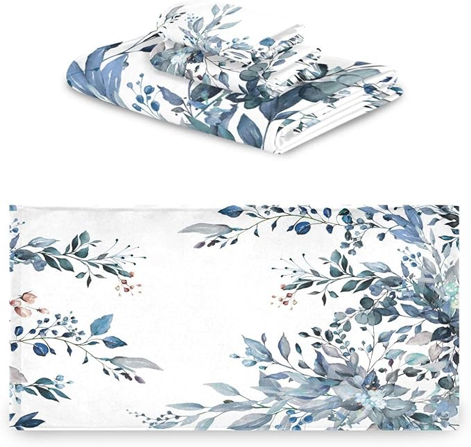 Blue Eucalyptus Bath Towel Set, 3 Piece Watercolor Blue Leaf Floral Spring Set, Absorbent Microfiber Decorative Towels for Hair, Face