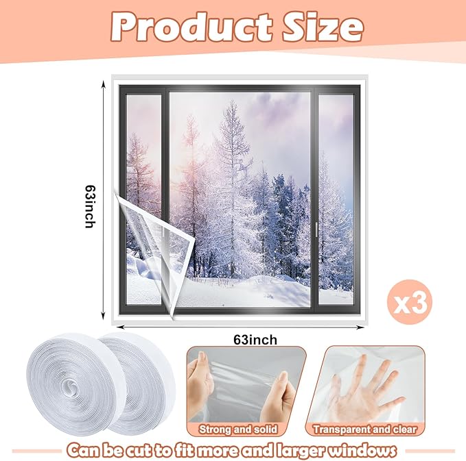 3 Sets 63 x 63 Inch Window Insulation Kit Cuttable Transparent Film with Adhesive Straps Reusable Window Plastic for Patio Winterizing Thicken Warm Winter Waterproof Attic Insulation Cover